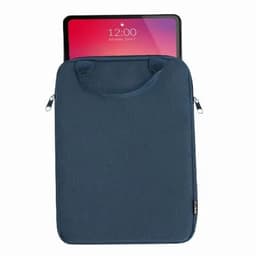 A navy tablet sleeve with a handle, featuring a zip closure and a tablet partially inserted.