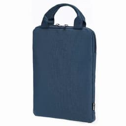 A laptop sleeve in dark blue with a zip closure and two handles for easy carrying, featuring a logo.