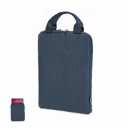 A laptop sleeve in navy blue with a textured finish and dual handles for easy carrying. It has a zip closure and branding.