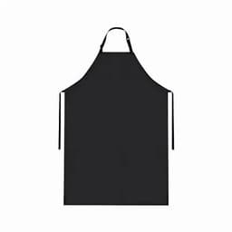 A black apron with a neck loop and waist ties, featuring a plain design without embellishments.
