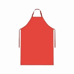 A red apron with a neck strap and side ties, featuring a simple design and no visible branding.
