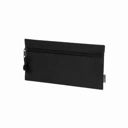 A black zippered pouch with a textured surface, featuring a small attachment loop.
