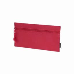 A red zippered pouch with a textured surface and a small loop for easy carrying. It features a branding label.