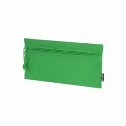 A green zippered pouch with a textured surface and a small cord pull, featuring a logo on the side.