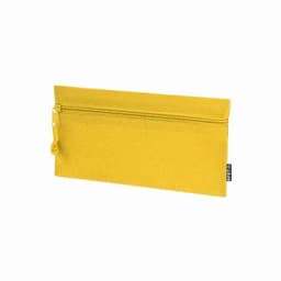A yellow zippered pouch with a textured surface, featuring a small tassel pull and a branding tag.