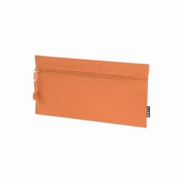 A zippered pouch in a vibrant orange colour, featuring a textured surface and a tassel zip pull.