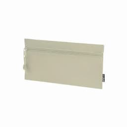 A pouch in a light beige colour with a zip closure and a textured surface, featuring a small logo.
