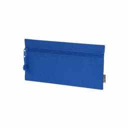 A blue zippered pouch with a textured surface and a pull tab. It has a simple, sleek design.