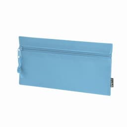 A zippered pouch in a light blue colour, featuring a textured surface and a small pull tab on the zipper.