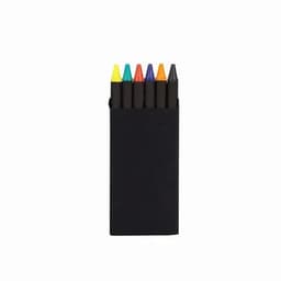 A pack of six crayons in vibrant colours—yellow, orange, red, purple, blue, and green—housed in a black case.