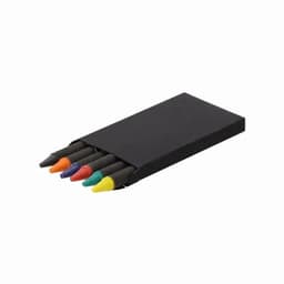 A set of six coloured crayons in a black packaging. The crayons are orange, purple, green, yellow, red, and blue.
