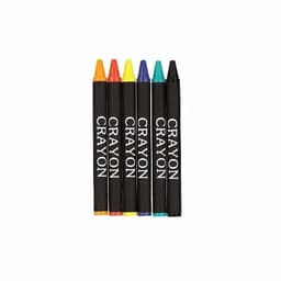 A collection of six crayon sticks in orange, yellow, green, blue, and black, featuring a label on each crayon.