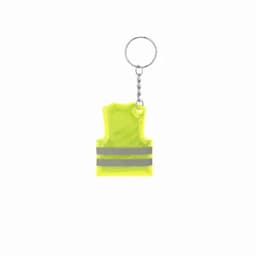 A keyring featuring a bright yellow reflective vest design with silver stripes.
