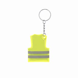 A keyring shaped like a high-visibility vest in bright yellow with grey reflective stripes.