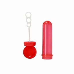 A red drink bottle with a bubble wand attached, featuring a round cap and a clear container. It has a logo on the side.