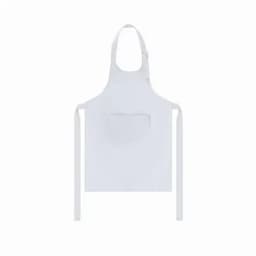 A white apron with adjustable straps and a front pocket, featuring a logo on the corner.