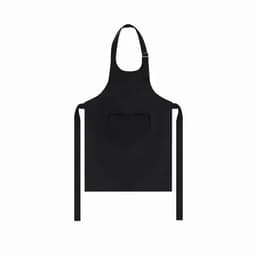 A black apron with a single front pocket and adjustable straps. It features a logo on the upper side.