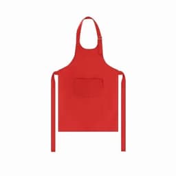 A red apron with a pocket and adjustable neck strap, featuring ties on both sides.
