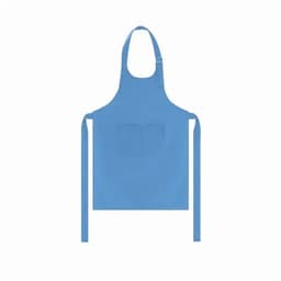 A blue apron with a pocket and adjustable neck strap, featuring ties on each side.