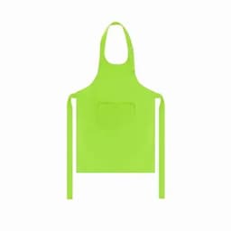 A bright green apron with a pocket, featuring adjustable straps and a branding logo.