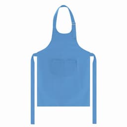 A blue apron with a front pocket and adjustable neck strap, featuring long ties at the waist.
