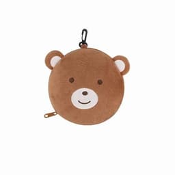 A round, brown bear-shaped pouch with a smiling face and a zip closure, featuring a hook for attachment.