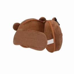 A brown bear-shaped pouch with ears and a zip closure, made of soft fabric.