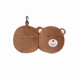 A brown teddy bear-shaped pouch with a smiling face and a clip for attachment. It features a soft, plush texture.