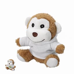 A plush monkey toy with brown and white fur, wearing a white hoodie, alongside a smaller version of the same toy.