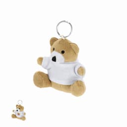 A plush teddy bear keyring in beige with a white shirt, featuring a metal keyring attachment.