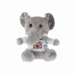 A grey elephant plush toy wearing a light blue shirt, featuring button eyes and a friendly expression.