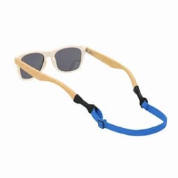 Sunglasses with wooden frames, grey lenses, and a blue adjustable strap. The design features a modern and stylish look.