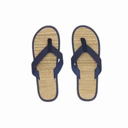 A pair of navy blue flip-flops with a natural straw-textured footbed and dark straps.