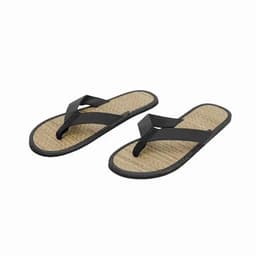 A pair of black flip-flops with a woven straw sole, featuring a simple design and flat base.