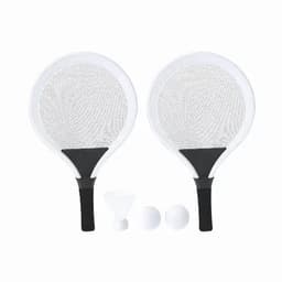 A set of two white racquets with black grips, alongside two white balls and one shuttlecock.