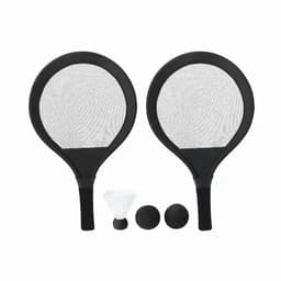 A pair of black mesh paddles with handles, accompanied by two black balls and a shuttlecock, all on a white background.
