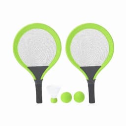 Two green paddle rackets with mesh heads and two yellow balls, accompanied by a net.