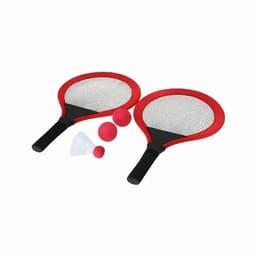 A set of two red paddle rackets with a mesh middle, accompanied by three small red balls and a shuttlecock.