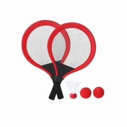 A set of two red paddle rackets with black handles and three red balls, arranged neatly together.