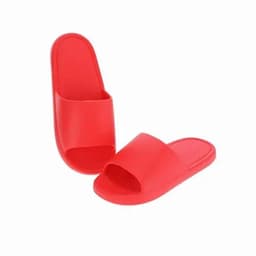 A pair of bright red slide sandals with an open toe design and a smooth surface.