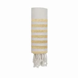 A decorative towel in white with gold stripes, featuring frayed edges at the bottom. It has a subtle branding logo.