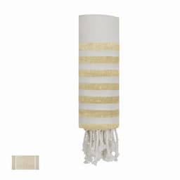 A decorative wall hanging in white and gold with a textured fringe at the bottom. It features horizontal striped patterns.