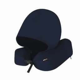 A neck pillow in navy blue with a hood and adjustable strap, featuring a branding logo.