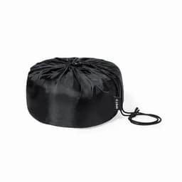 A round black silk sleep cap with a drawstring for securing it in place. Features a branding label on the side.