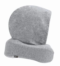 A grey hoodie-style beanie with a wide scarf feature, designed for warmth and comfort. It has a branding logo.