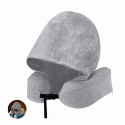 A grey travel pillow with an attached hood. It features a comfortable design for neck support and has a logo.
