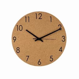 A round cork wall clock with black hour and minute hands and large black numbers.