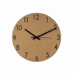 A wall clock with a round cork face and black numbers and hands.