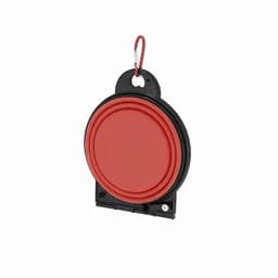 A compact red and black collapsible container with a carabiner for easy attachment.