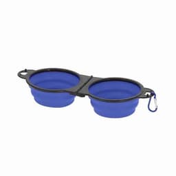 A collapsible double pet bowl in blue with a black trim, featuring a connecting handle for convenience.